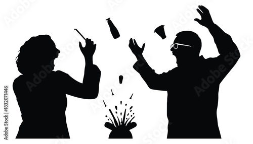 Silhouettes of people reacting to something spilling from a container