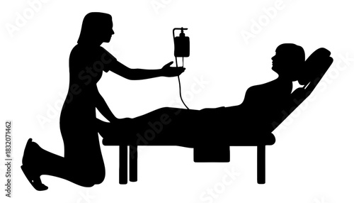 Silhouette of nurse administering iv drip to patient lying on bed