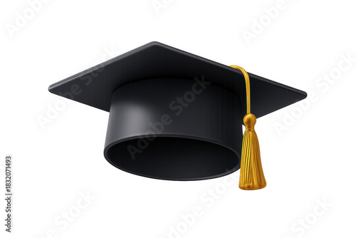 A classic black 3d graduation cap with a golden tassel hangs elegantly isolated on a transparent background symbolizing academic achievement and success isolated on transparent background