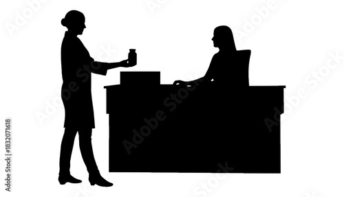 Silhouette of doctor giving medicine to a patient at the front desk