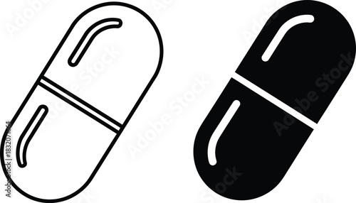 Two capsule icons one outline one solid vactor black on white background pill medicine
