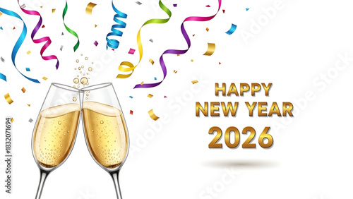 Happy New Year 2026 celebration with champagne toast and confetti