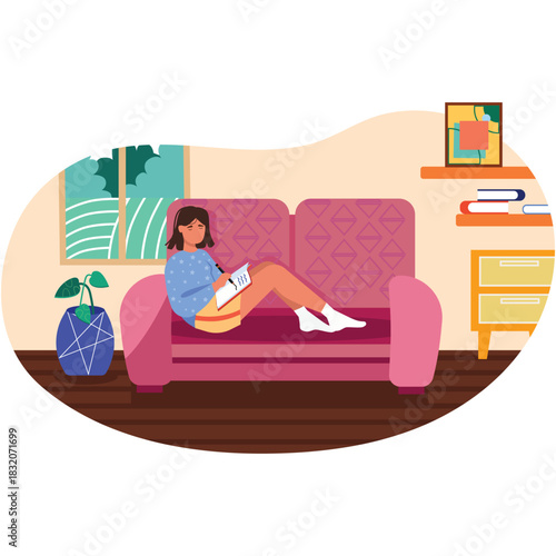 Woman writing in notebook on sofa at home vector