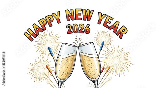 Festive Happy New Year 2026 celebration with champagne and fireworks