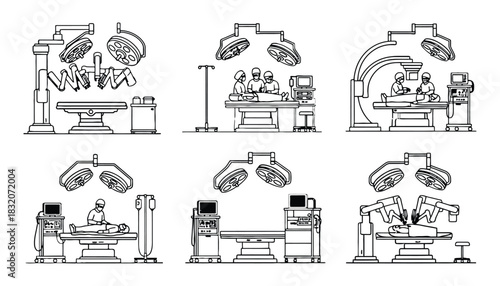 Line art illustration of various surgical operating room setups