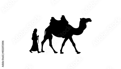 Silhouette of a man leading a camel across a white background image