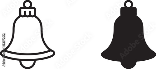 Festive Christmas bells silhouette and outline icon set on white background for holidays