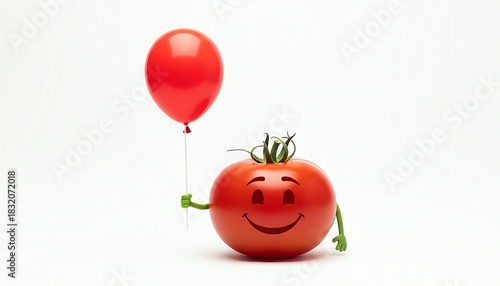 Tomato Holding Small Balloon on Studio Background