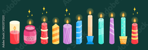 Flaming Aroma Candles Cartoon Style. Comfort Theme, Home Design, Aromatherapy and Romance Design Elements. Vector Colorful Drawn Candles Collection.