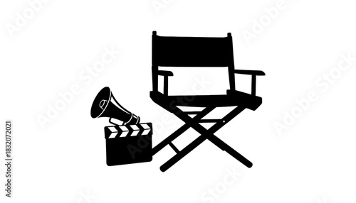 Silhouette of director chair with megaphone and clapperboard on white