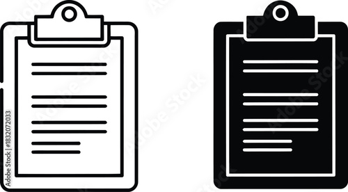 Two clipboard icons one outlined one solid vactor black with lines of text document