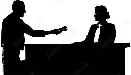 Silhouette of man handing cards to woman behind counter in black and white