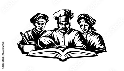 Three chefs cooking from a cookbook in black and white illustration
