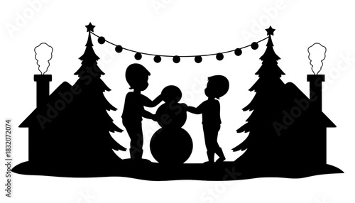 Silhouette of children building a snowman with christmas decorations