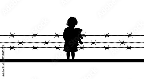 Silhouette of child holding teddy bear behind barbed wire fence art