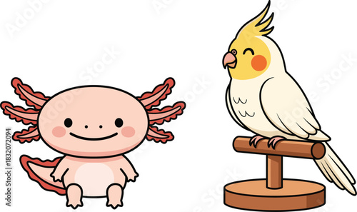 Vector Illustration Set of Cute Cartoon Axolotl and Cockatiel Bird Mascot Characters