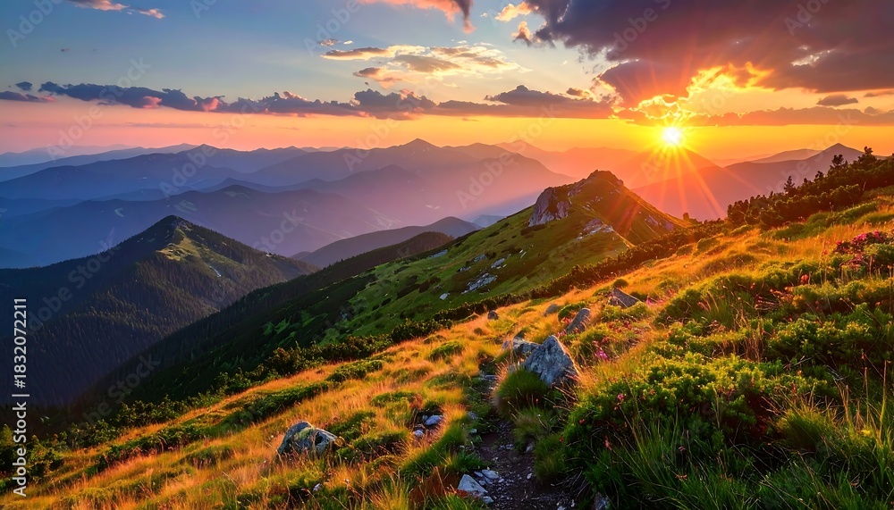 Fototapeta premium Majestic Mountain Sunset with Golden Hues and Rolling Hills.