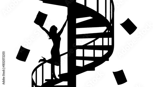 Silhouette of woman on spiral staircase throwing papers in the air