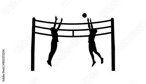Silhouettes of two volleyball players jumping at the net with a ball