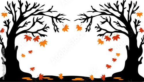 Two black trees with orange and red leaves on a white background art