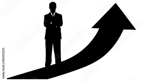 Silhouette of man standing on arrow pointing upwards on white background