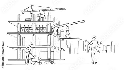 Construction site sketch with workers and crane building a structure
