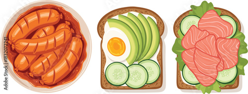 Vector Illustration Set of Breakfast and Brunch Dishes, Sausages, Avocado Toast, and Salmon Toast