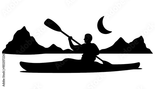 Silhouette of a person kayaking on a lake with mountains and the moon