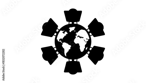 Black and white world globe surrounded by computer screens graphic