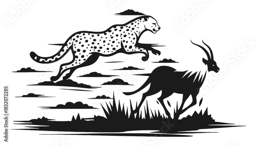 A cheetah chasing an antelope in a black and white vector illustration