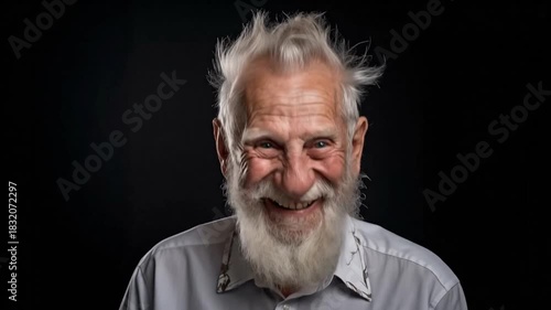 Old senior man with messy hair and beard laughing loudly because funny crazy joke feeling happy and cheerful. Generative AI