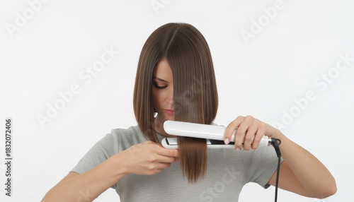 Woman Using Hair Straightener on White Studio Background