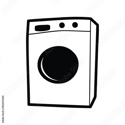 Simplified black and white front loading washing machine illustration with heavy outline