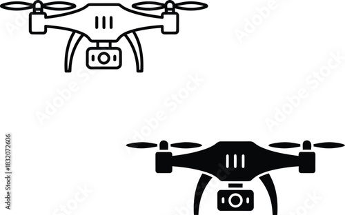 Two drone icons one line art and one solid vactor black silhouette quadcopter aerial vehicle