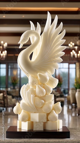 A beautiful white swan sculpture with pears, displayed on a wooden base in a luxurious interior setting. The sculpture is detailed and elegant.