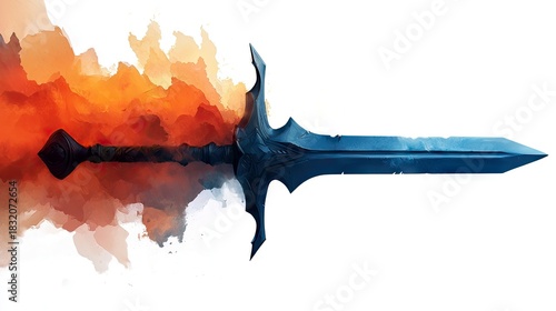 A detailed illustration of a sword with a watercolor effect and fire-like elements on a white background.