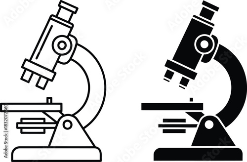 Two contrasting microscope icons one line art vactor black and white the other solid black