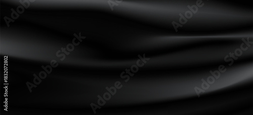 3d soft black waves background. Dark silk crumples. Elegant minimalistic satin ripples backdrop. 3d render illustration. 3D Illustration