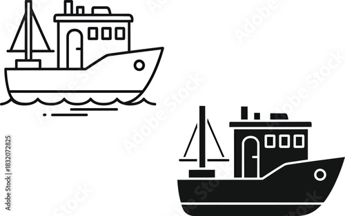 Two fishing boats depicted as simple line art and solid silhouette icons vactor ship