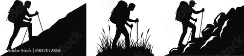 Silhouette of a hiker climbing a mountain with backpack and poles