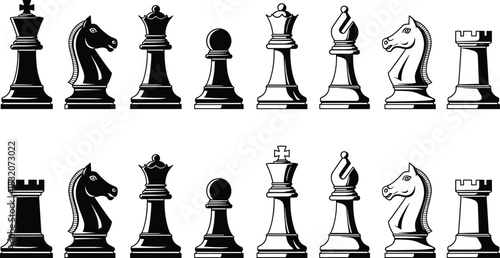 Chess piece vector set, black and white icons, strategic board game elements, king queen rook knight bishop pawn, classic design collection