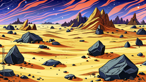 nighttime desert scattered with black stones, freezing dry winds, vast open sand, distant dunes, and a chilling quiet atmosphere across the barren terrain
