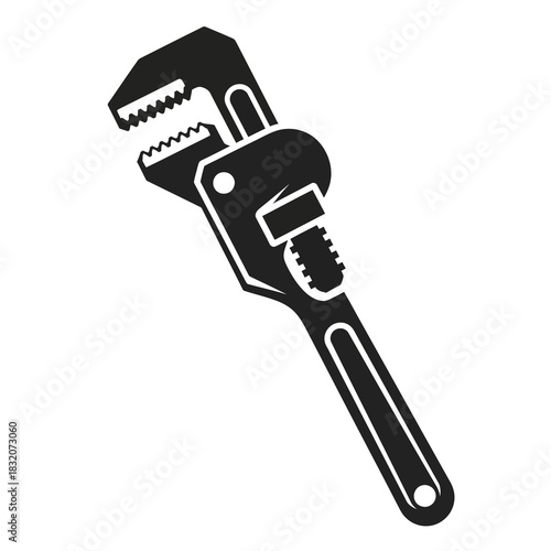 Monochrome graphic icon of an adjustable plumbers pipe wrench with serrated jaws.