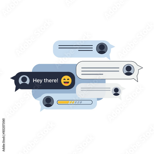 Modern digital chat bubbles with text, emoji, and user icons, overlapping in a conversation.