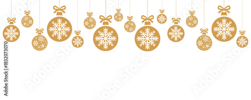 Elegant horizontal border of hanging gold Christmas baubles with white snowflake designs on white background, ideal for festive banners, greeting cards, invitations and modern holiday web or print pro