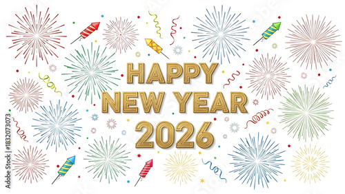 Sparkling New Year 2026: Celebratory Fireworks Against a Clean White Canvas
