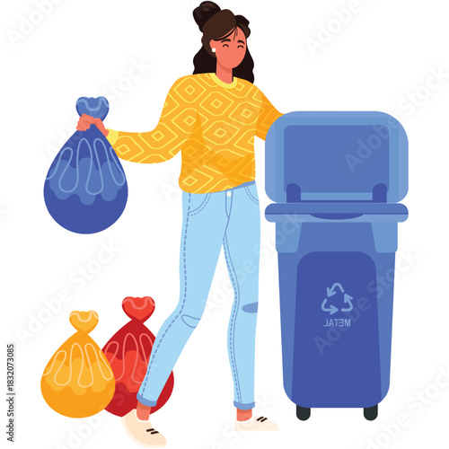 Woman sorting garbage for recycle vector icon