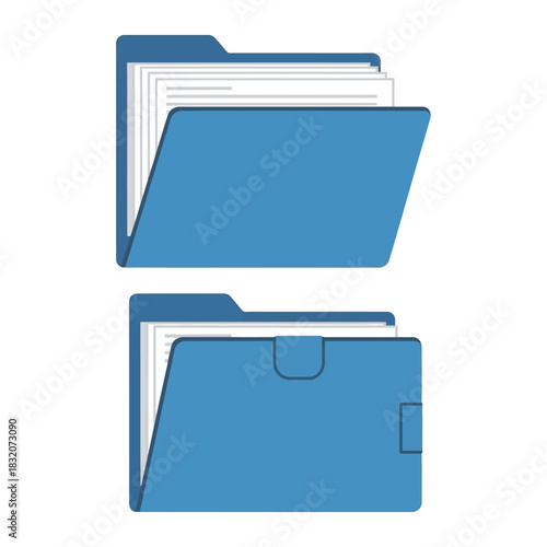 Set of two blue office file folders, one open showing documents and one closed with a latch.