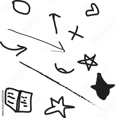 Hand drawn doodle vector elements: arrows, stars, book, heart, circle, x, lines