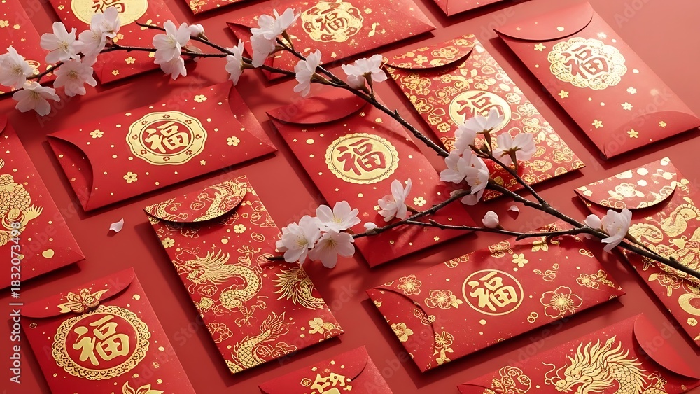 Fototapeta premium Elegant Red Chinese New Year Envelopes with Golden Dragon Motifs and Cherry Blossom Decor for Festive Celebrations